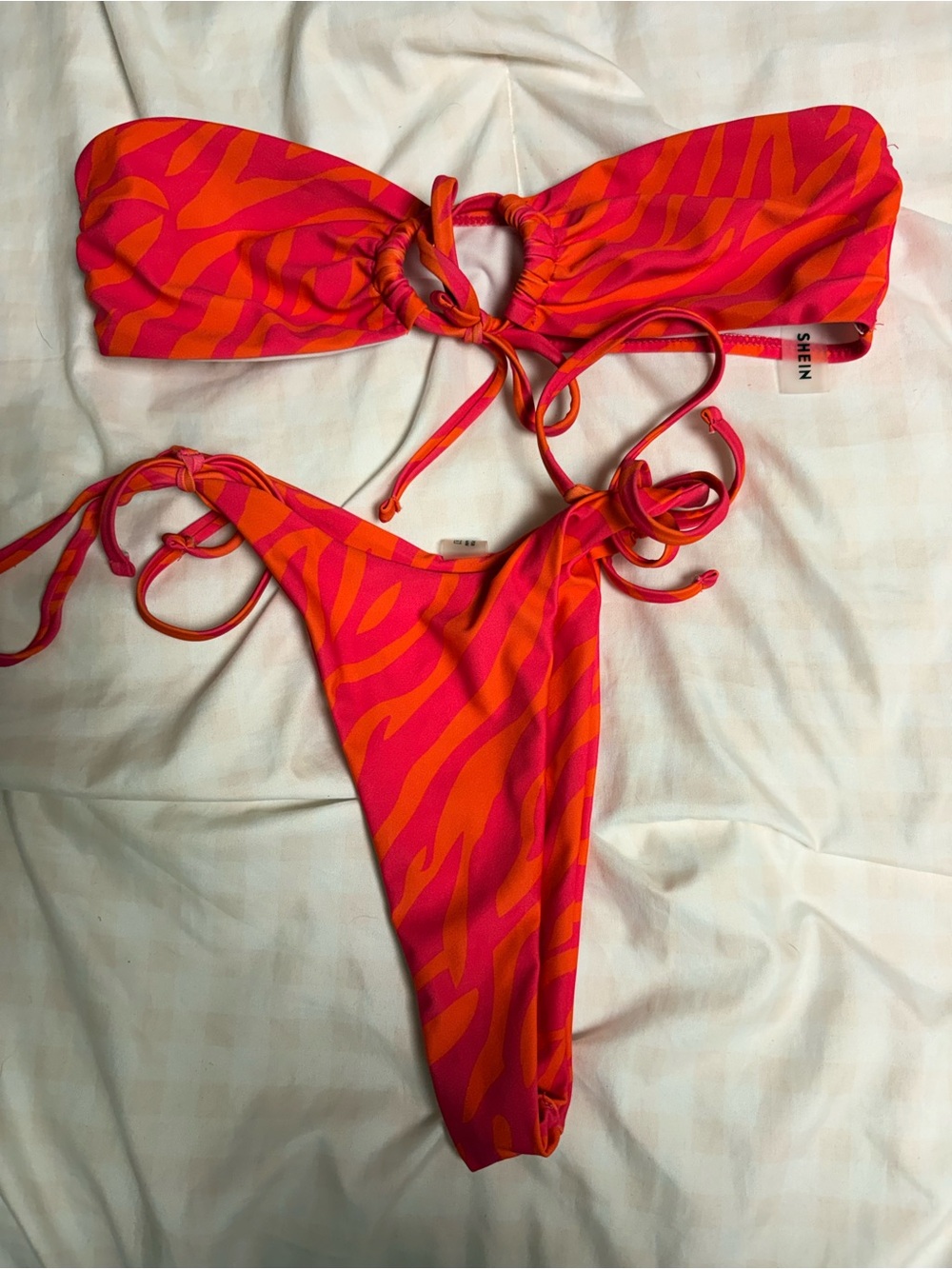 SHEIN Pink and Orange Zebra Print Bandeau Tie Bikini Set